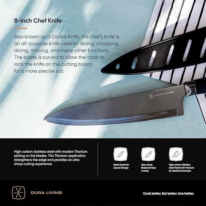 DURA LIVING Chef Knife, 8 Inch Nonstick Titanium Plated Stainless Steel Ultra Sharp Blade, With Ergonomic Comfort Grip Handle Chef's Cooking Knife, With Matching Sheath