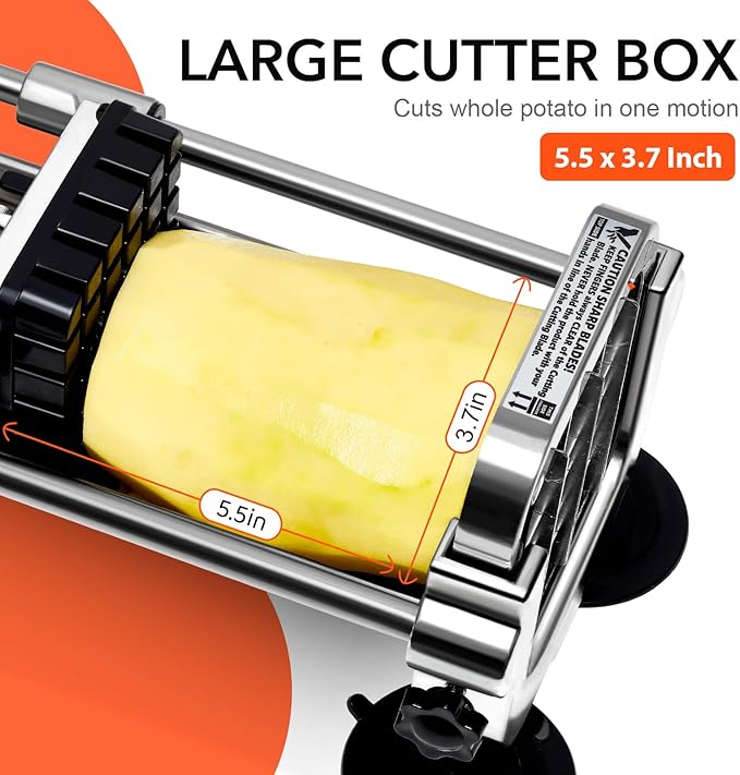 French Fry Slicer, Stainless Steel Potato Cutter with 1/4 inch and 1/2 inch Blades for Thin and Thick Fries, Commercial French Fry Cutter for Homemade Sweet Potatoes Carrots, and Cucumbers