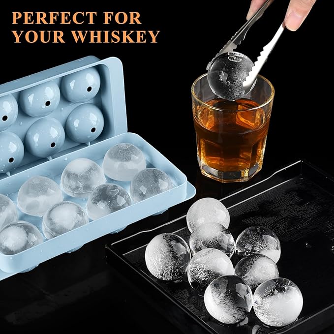 Round Ice Cube Mold,2 x 8 PCS x 1.8'' Whiskey Ice Cubes,Circle Ice Cube Tray with Lid and Bin,Sphere Ice Ball Maker Mold,Large Ice Cube Molds for Cocktails,Coffee(Whiskey Ice Cubes Mold,Blue)
