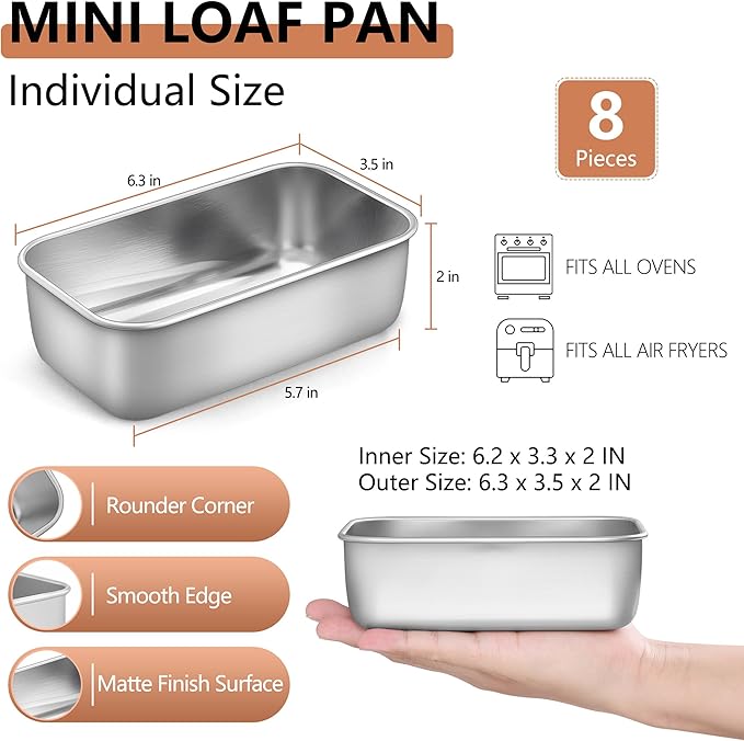 LIANYU Mini Loaf Pan for Baking Bread, 8 Pack 6.3 x 3.5 Inch Stainless Steel Small Bread Loaf Pan for Homemade Meatloaf, Tin Loaf Baking Pan Perfect for Banana Sourdough Sandwich, Dishwasher Safe