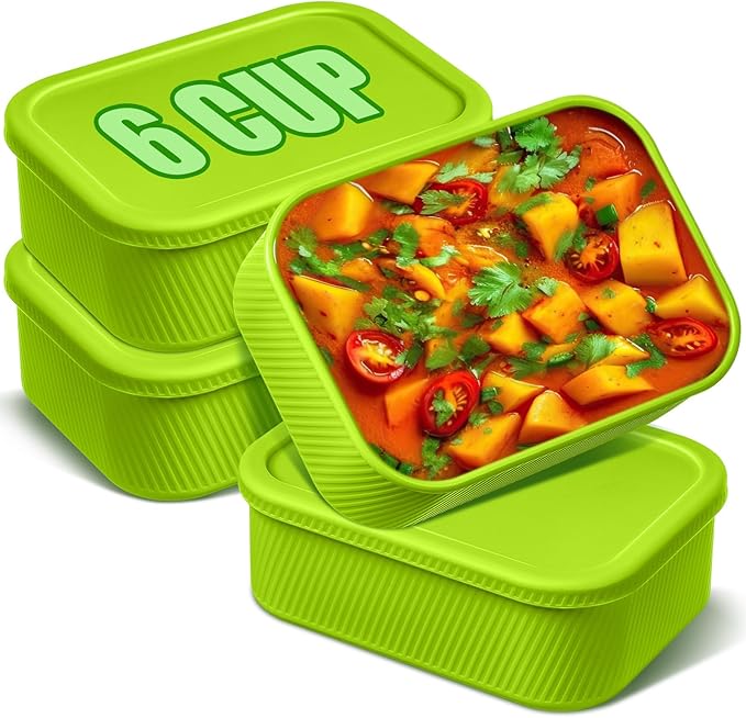 Nuogo 4 Pcs 6 Cup Silicone Freezer Trays with Lid Soup Containers Reusable Freezer Silicone Molds Rectangle Containers Ice Trays for Soups Sauces Stews Curries, Green