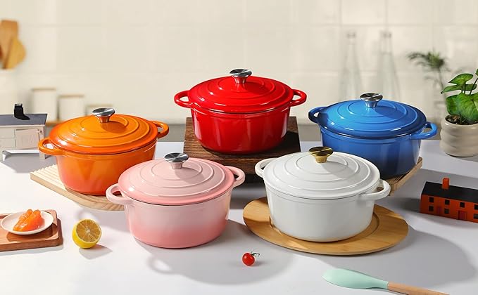 Enameled Cast Iron Dutch Oven Pot with Lid Heavy-Duty Cookware for Bread Baking, Braising, Stews, Roasting,4QT，red