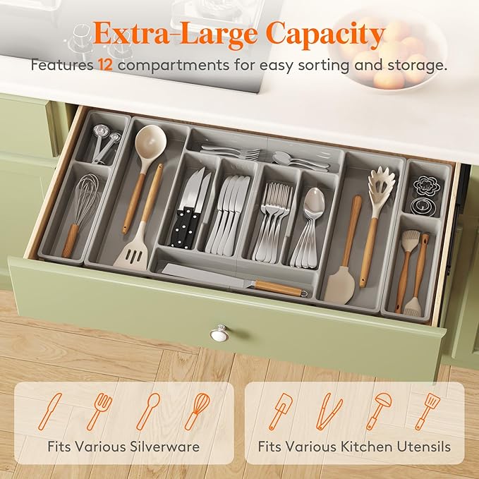 Lifewit Silverware Organizer, Plastic Kitchen Utensil Drawer Tray, Cutlery Flatware Storage Holder for Spoons Forks Knives, 32 x 16 Inches, 12 Compartment, Gray
