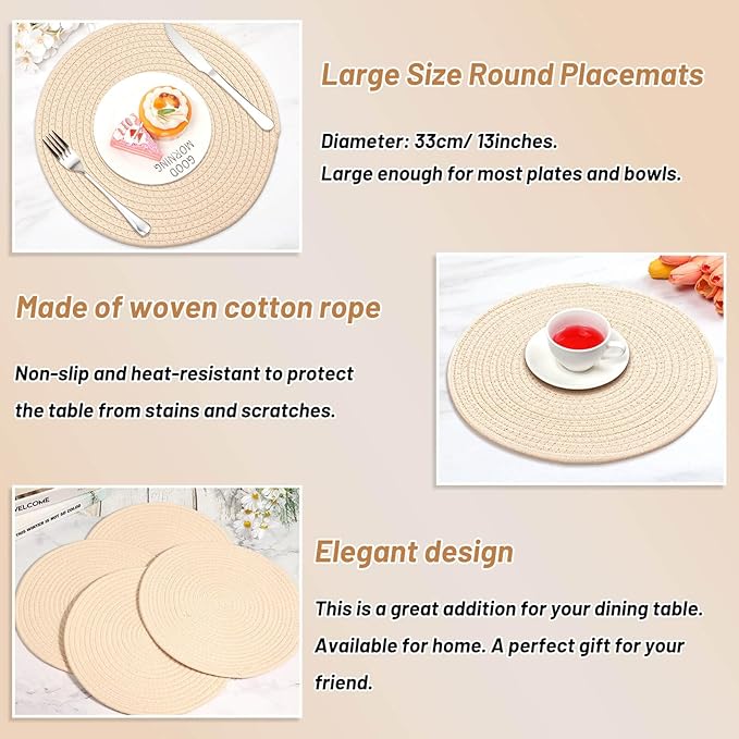 Billbotk Round Woven Placemats Set of 4, 13 Inches Table Place Mats for Dining Table, Hot Pads for Kitchen, Trivets for Hot Dishes, Pots and Pans,Tabletop Accessories(Beige)