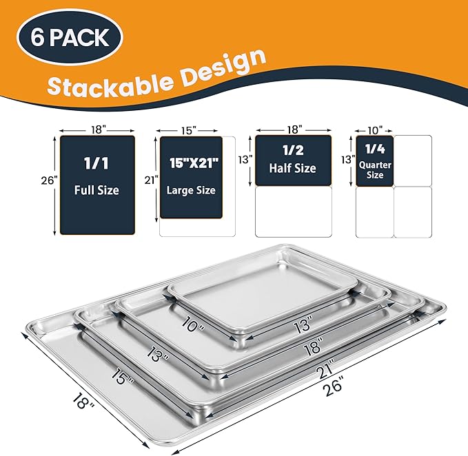 6 Pack Full Size Baking Sheet Pan, Aluminum Commercial Cookie Sheet Pan, Durable & Anti-Stick 26”x 18”