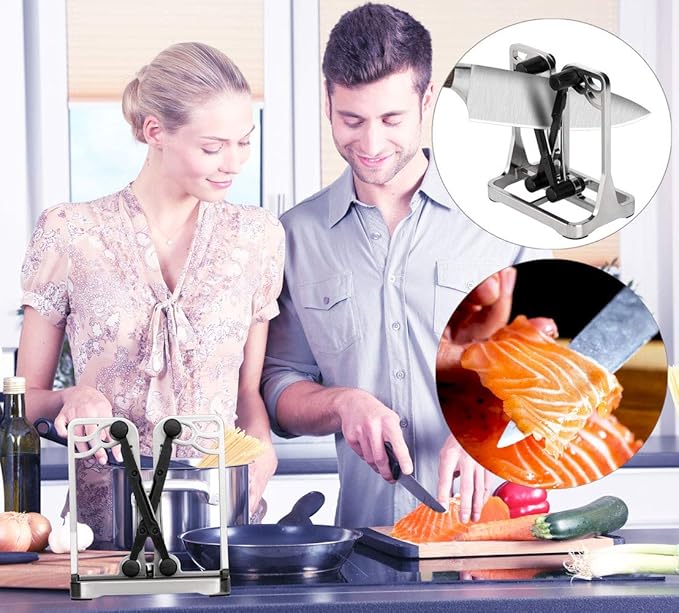 Knife Sharpener, Knife Sharpener Tool with Self-Adjusting, Stainless Steel and Tungsten Carbide, Knife Sharpeners for Kitchen Knives Helps Repair Sharpens, Hones, Polishes Blades