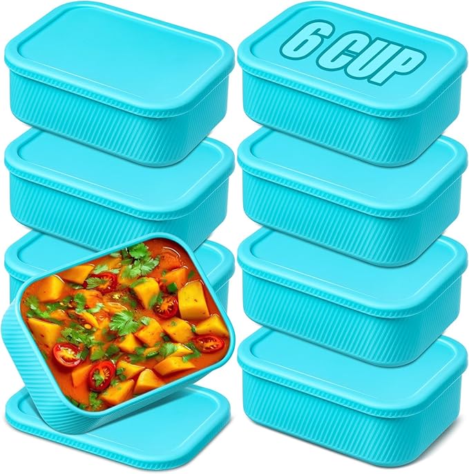 Nuogo 8 Pcs 6 Cup Silicone Freezer Trays with Lid Soup Containers Reusable Freezer Silicone Molds Rectangle Containers Ice Trays for Sauces Stews Curries, Lake Blue