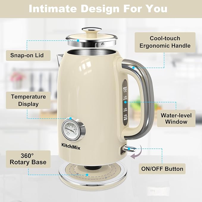 Electric Stainless Steel Tea Kettles1500W-1.7L-with Thermometer, Auto Shut-Off & Boil-Dry, Cool Touch Handle, BPA Free Kettle & Hot Water Kettle (Beige)