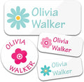 Personalized Daycare Name Labels for Kids (130 Labels) - Custom Waterproof Name Stickers for Clothing Tags, Water Bottles, Lunch Boxes and School Supplies (Flowers)