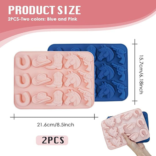 2 Pack Cowboy Chocolate Molds, Western Theme Silicone Mold Baking with Cowboy Hat, Cowboy Boot and Horse, Suitable for Making Chocolate, Candy, Cakes, Cupcakes, And Cookies Soaps (Pink and Blue-2PCS)
