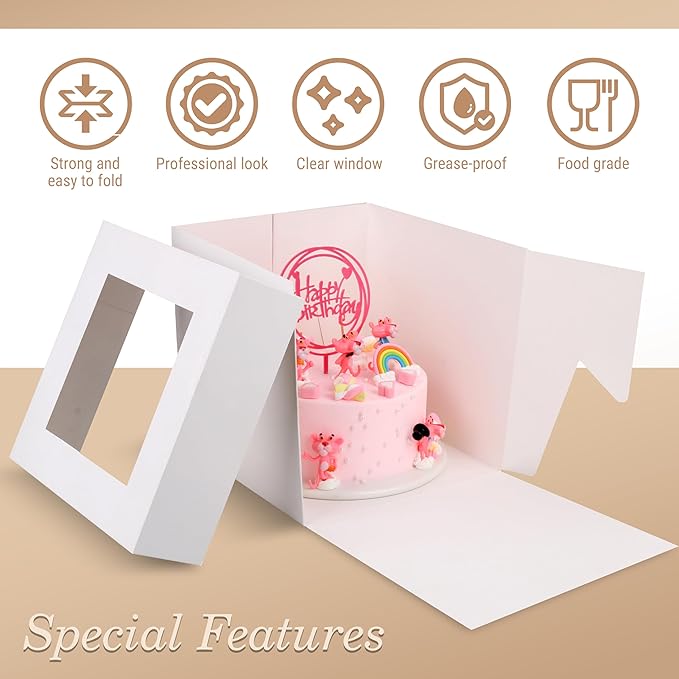 Cakebon Cake Boxes with Boards - 8 Inch Round Cake Drum White (6-pack) - Box With Window for Birthdays, Weddings and Parties
