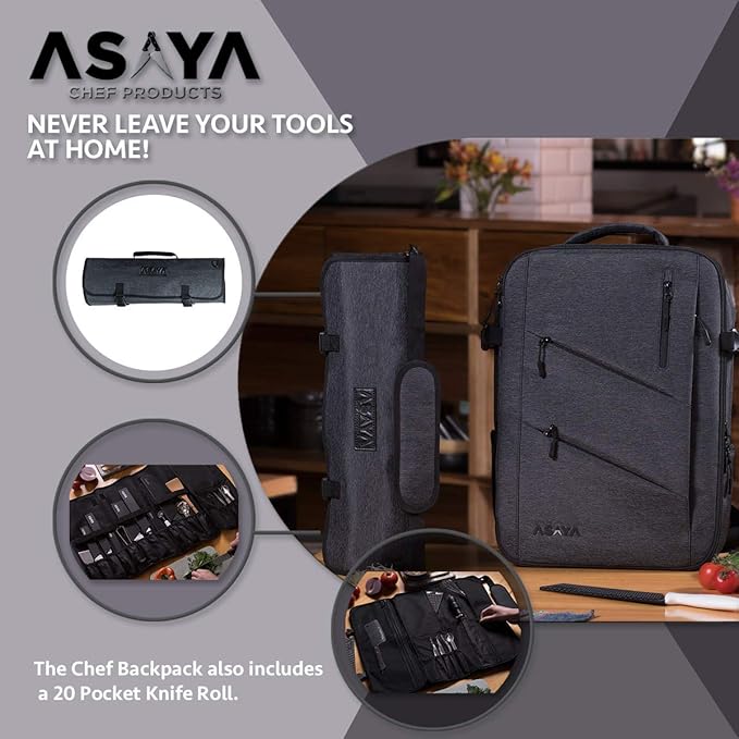 Asaya Chef Knife Backpack with 20 Pocket Knife Roll Bag - Over 30 Pockets for Knives - Knives Not Included (Black)