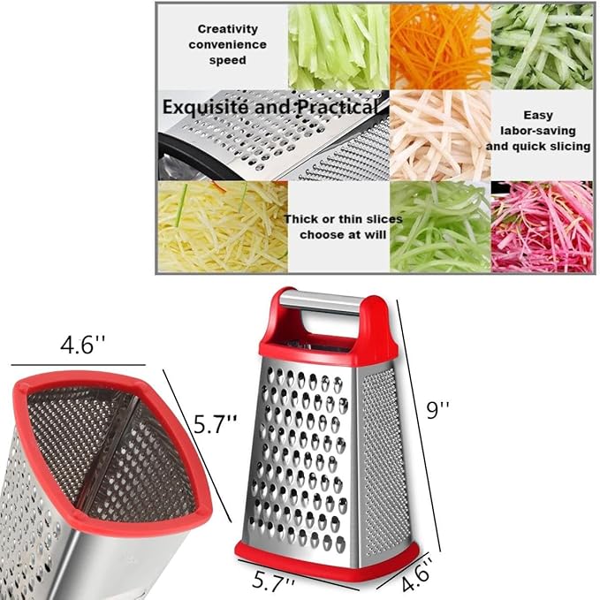 Stainless Steel 4 Sides Grater Slicer with Handle, Multifunctional Cutter Planing for Ginger, Garlic, Cucumbers, Carrots, Cheese, Potato, Ergonomic Design Kitchen Gadgets Accessories（Red）