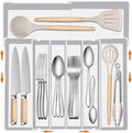 Silverware Organizer - Expandable Silverware Tray for Drawer, Adjustable Utensil Drawer Organizer for Forks, Knives, Kitchen Organizers and Storage, White