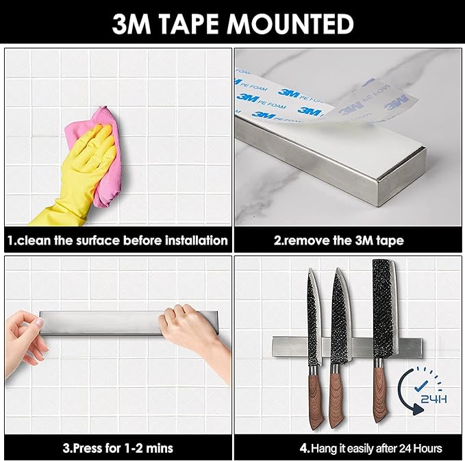 8 Inch Magnetic Knife Holder for Wall No Drill - Upgraded Stainless Steel Magnetic Knife Strip with 3M Type, Magnet Knife Strip Bar Rack for Kitchen Utensil & Tool Storage, Art Supply Essentials