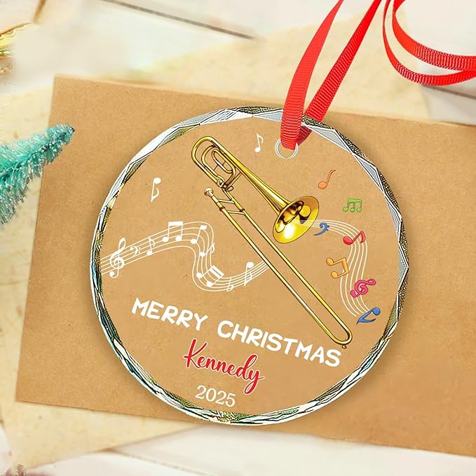 Custom Text & Name Trombone Instrument Player Glass Ornament, Trombone Christmas Ornament Gift for Instrumentalist, Personalized Trombonist Xmas Glass Ornaments, Musical Instrument Christmas Keepsake