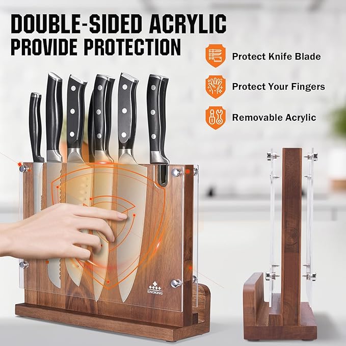 ENOKING Magnetic Knife Block 12.2 x 9.3", Double Sided Magnetic Knife Holde with Knife Sharpener, Acacia Wood Magnetic Knife Stand with Acrylic Shield for Kitchen Countertop
