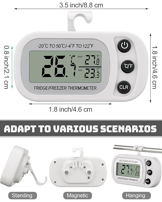 Frienda 8 Pack White Digital Fridge Thermometer Waterproof Refrigerator and Freezer Room Max/min Record Function LCD Screen Refrigerator Thermometer with Hook and Magnetic Back for Home