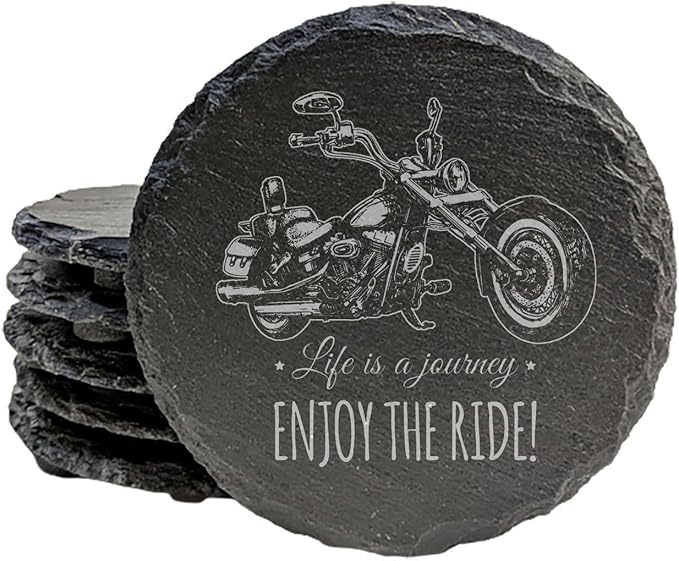 Coast in Style: Rustic Slate Coasters with Motorcycle Design - Round Slate - Set of 6