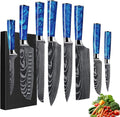 8-Piece Premium Japanese Kitchen Knife Set - Imperial Collection, Laser Damascus Pattern, 440A Stainless Steel Ultra Sharp for Fast Cutting (Blue 8J)