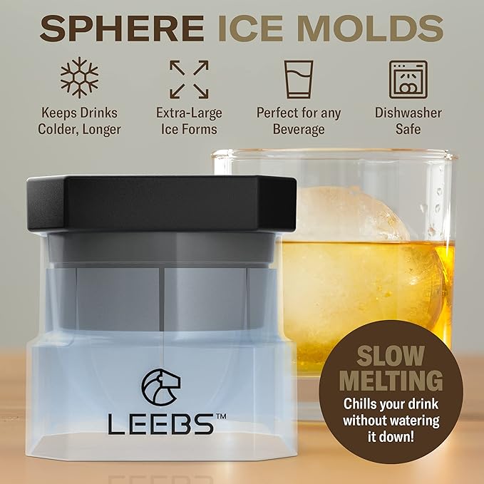 Silicone Freezer Press Sphere Ice Ball Maker Mold, 3 Pack for Large Round Craft Whisky Ice Balls - Bourbon, Scotch, Old Fashioned, Cocktail Drinks - by LEEBS
