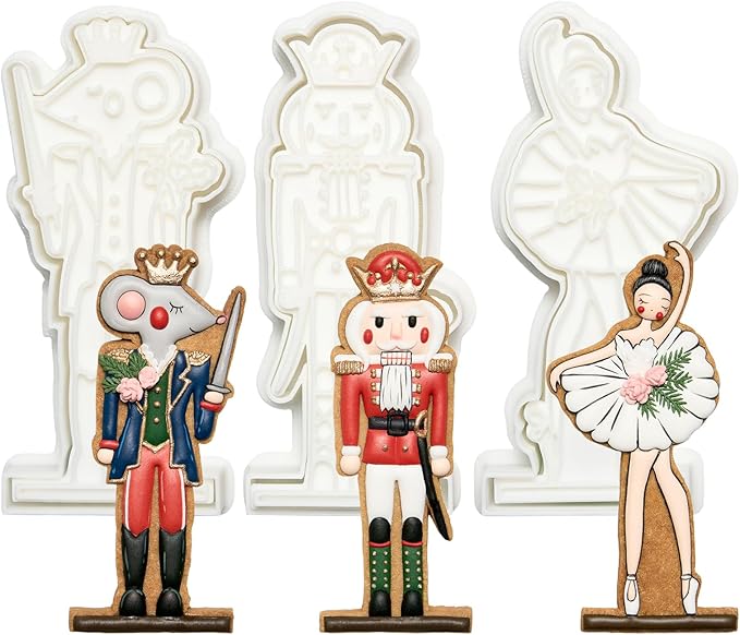 Flycalf Nutcracker Cookie Cutters Set of 3 Christmas with 3D Stamper Holiday Baking Accessories Cutter Molds Gifts for Kids Decorative Party 3.5" Kitchen Cake Supplies