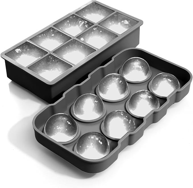 Large Ice Cube Trays Perfect for Whiskey and Summer Drinks - Italian Design - 2 Pack (16 x Ice Cubes | Square and Round | XL size) - Cosvino - Removable Lid, Easy Release (Tuxedo Black)