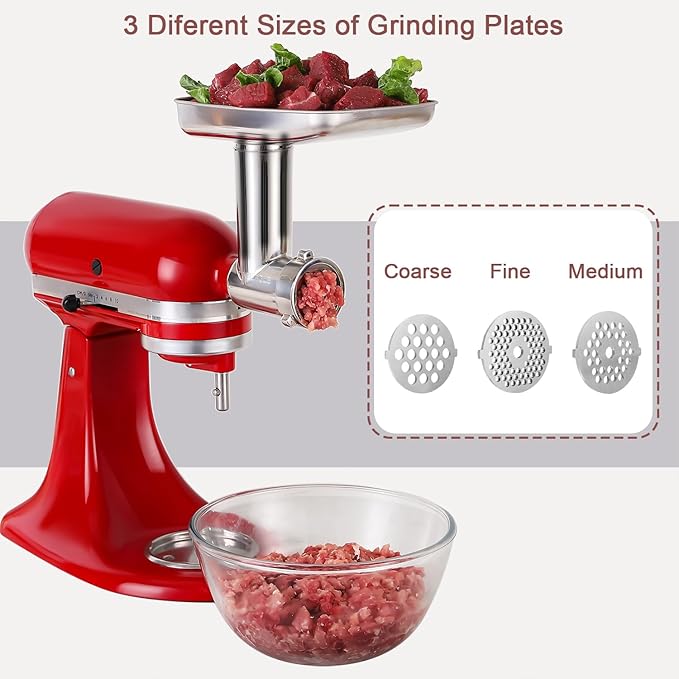 Stainless Steel Meat Grinder Attachment for KitchenAid Stand Mixers, Includes 3 Grinding Plates & 3 Sausage Stuffer Tubes, All-Metal Food Grinder, Dishwasher Safe