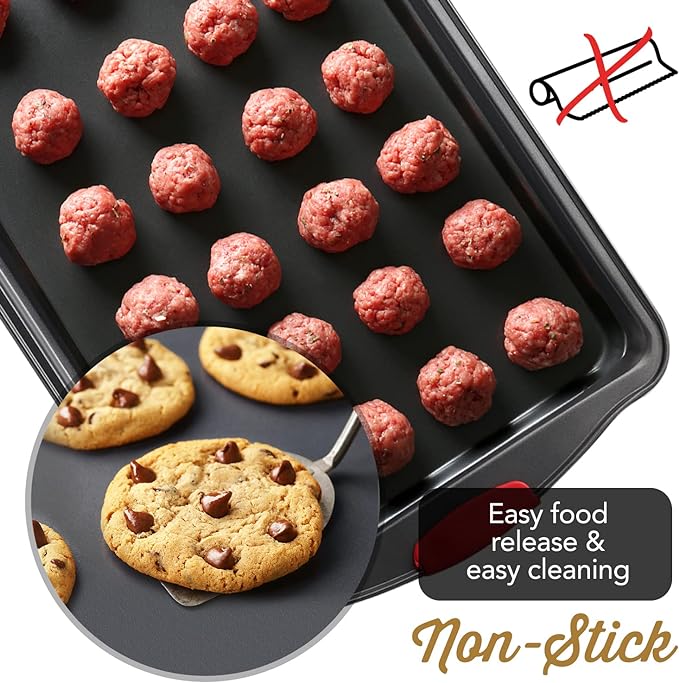Baking Sheet Set, 2-Piece Large Cookie Sheet Set with Silicone Handles, Steel Baking Pan, Baking Sheets for Oven, BPA Free Nonstick Set, Half Sheet Pans, Black Baking Tray