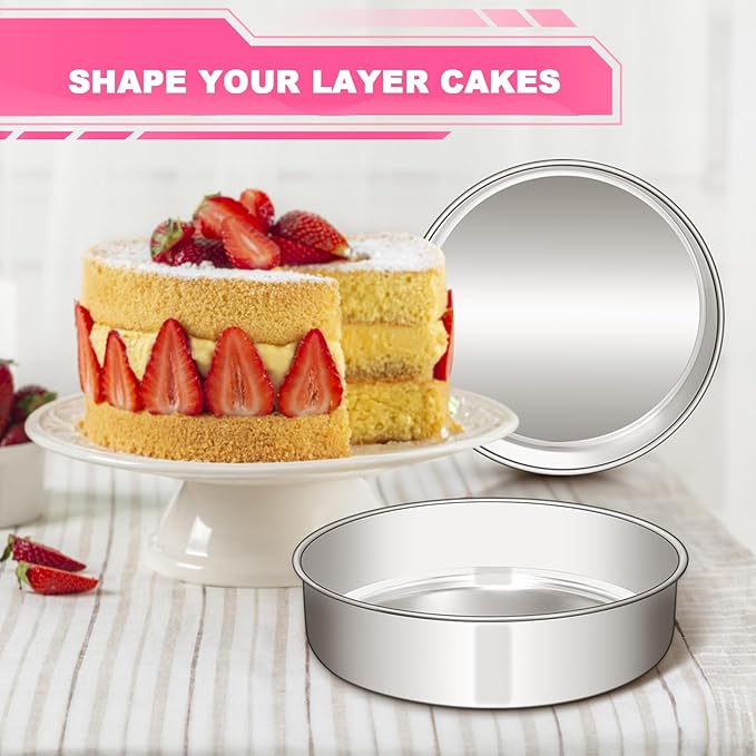 8 Inch Cake Pan Set of 2, Stainless Steel Round Layer Cake Baking Pans Tins, Non-Toxic & Healthy, Leak-proof & Easy Clean & Dishwasher Safe