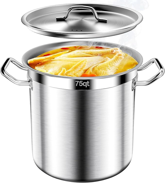 Stainless Steel Stockpot with Lid, 75QT Large Stock Pot Heavy Duty Tri-Ply Bottom Commercial Grade Stock Pot & Stockpots for Boiling Cooking Soup Stew Canning Cookware Sauce Cooking Pots