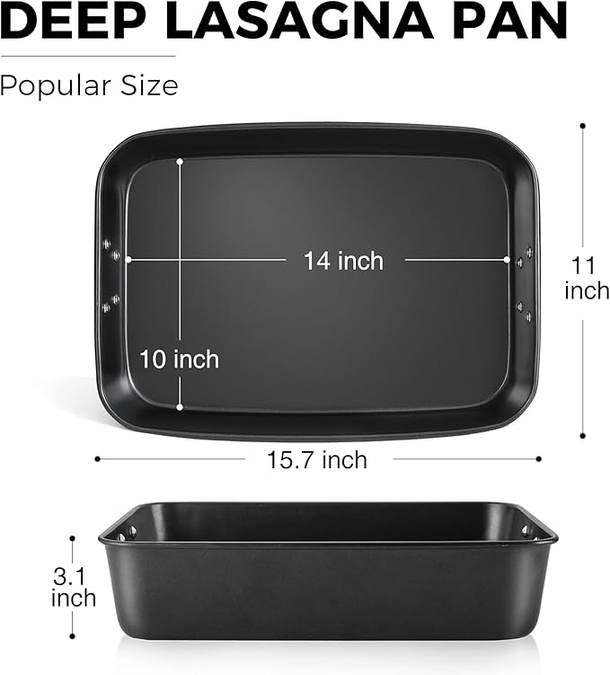 HONGBAKE Lasagna Pan 3 Inch Deep, 15x10" Baking Pan for Oven, Nonstick Cake Baking Dish for Brownie, Roasting Pans with Stainless Steel Handles, Heavy Duty, Dishwasher Safe, Dark Grey