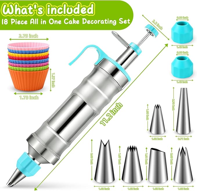 Novano Dessert Decorating Syringe Set, Frosting Piping Kit Stainless Steels Cake Decorating Kit with 6 Piping Tips & 9 silicone cupcakes, Cupcake Decorating Kit Piping Bags and Tips Set