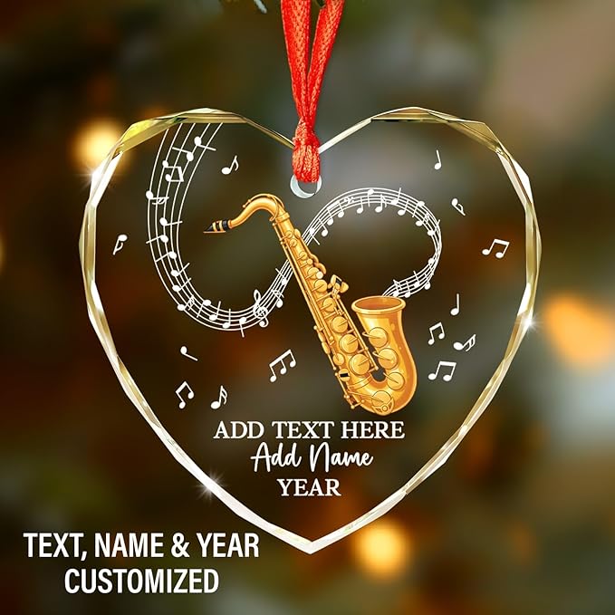 Personalized Saxophonist Christmas Glass Ornament 2025, Saxophone Musical Instrument Ornaments for Xmas Tree, Custom Text Name & Year Saxophone Player Xmas Ornament, Gifts for Music Lovers