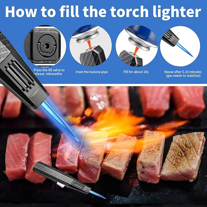 Butane Torch Lighter,Windproof Refillable Kitchen Cooking Torch,Adjustable Flame Solar Beam Blow Torch with Safety Lock for Candle Camping BBQ (Not Included Butane Gas) (Black)