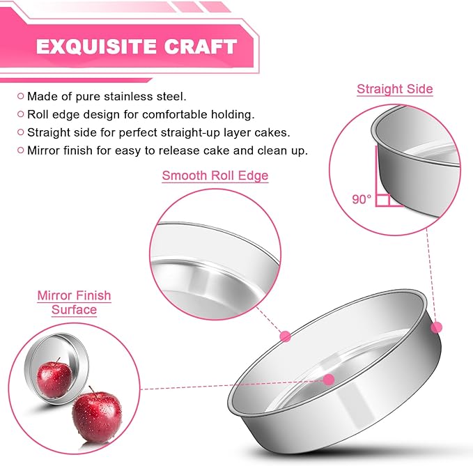 6 Inch Cake Pan Set of 2, Stainless Steel Round Layer Cake Baking Pans Tins, Non-Toxic & Healthy, Leak-proof & Easy Clean & Dishwasher Safe