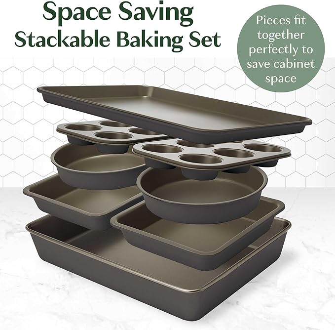Goodful All-In-One Nonstick Bakeware Set, Stackable and Space Saving Design includes Round and Square Pans, Muffin Pans, Cookie Sheet and Roaster, Dishwasher Safe, 8-Piece, Graphite