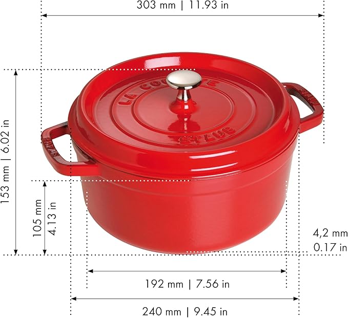 STAUB Cast Iron Dutch Oven 4-qt Round Cocotte, Made in France, Serves 3-4, Cherry