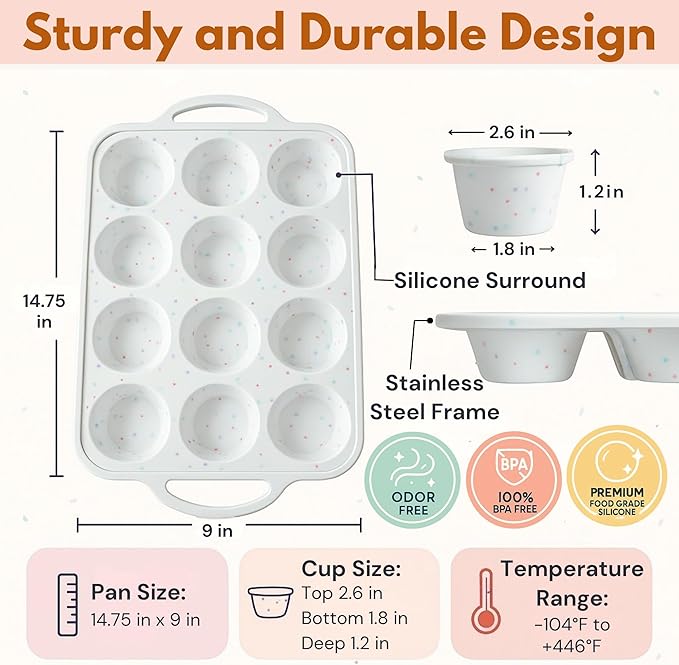 2 Pack Regular Muffin Pan - 12 Cup Silicone Muffin Pan for Baking with Metal Reinforced Frame - Regular Size Cupcake Pan, BPA Free Silicone Muffin Tray - Oven & Dishwasher Safe - Cream
