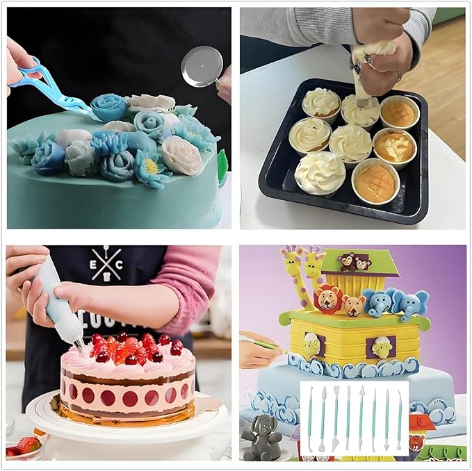 298 Pcs Cake Decorating Kit with Cake Turntable,Cake Leveler,24 Numbered Icing Tips,2 Spatulas,3 Comb Scrapers,8 Carved Pens,100 Pastry Bags,100 Paper Cupcake Liners, (Green)