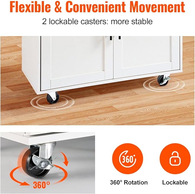 VEVOR Kitchen Island Cart with Solid Wood Top, 35.4" Width Mobile Carts with Storage Cabinet, Rolling Kitchen Table with Spice Rack, Towel Rack, Drop Leaf and Drawer, Portable Islands on Wheels, White