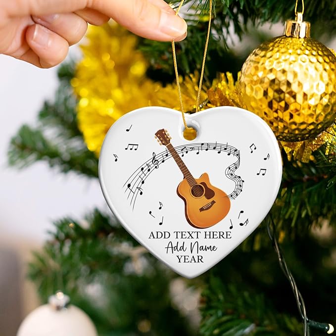 Customized Guitar Christmas Ceramic Ornaments, 2025 Christmas Ornament Gift for Guitarist Teacher, Personalized Guitar Player Xmas Ornament with Text Name & Year, Instrument Xmas Tree Decor