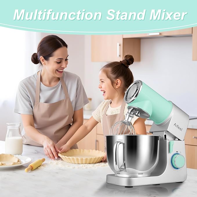 Aifeel Stand Mixer, 6.5QT Mixer with Ice Cream Maker Attachments, Kitchen Electric Mixer Multifunctional Bread Dough Mixer with Dough Hook,Whisk & Beater, Food Mixer for Baking (Green-Silver)