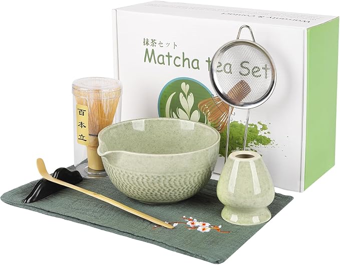 Matcha Whisk Set,7 Pcs Ceramic Set Includes Matcha Bowl,Matcha Whisk and Holder, Bamboo Scoop, Scoop Rest, Sifter and Tea Towel, Perfect Kit for Matcha lovers