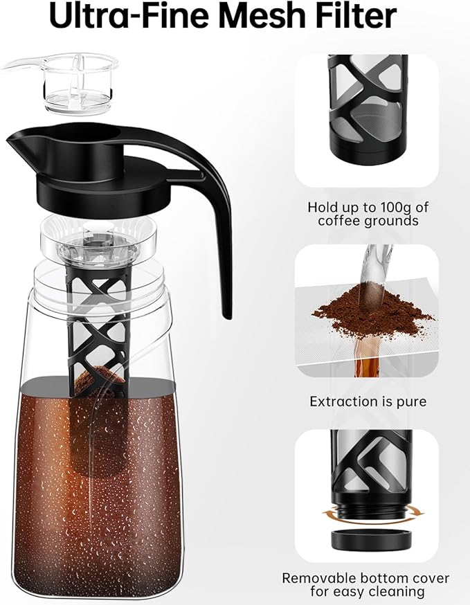 Cold Brew Coffee Maker, 70 oz (2100 ml) BPA Free Tritan Pitcher, Iced Coffee Maker and Tea Brewer, 100% Leak-Proof, Easy to Clean Reusable Mesh Filter, Black (2 Pack)