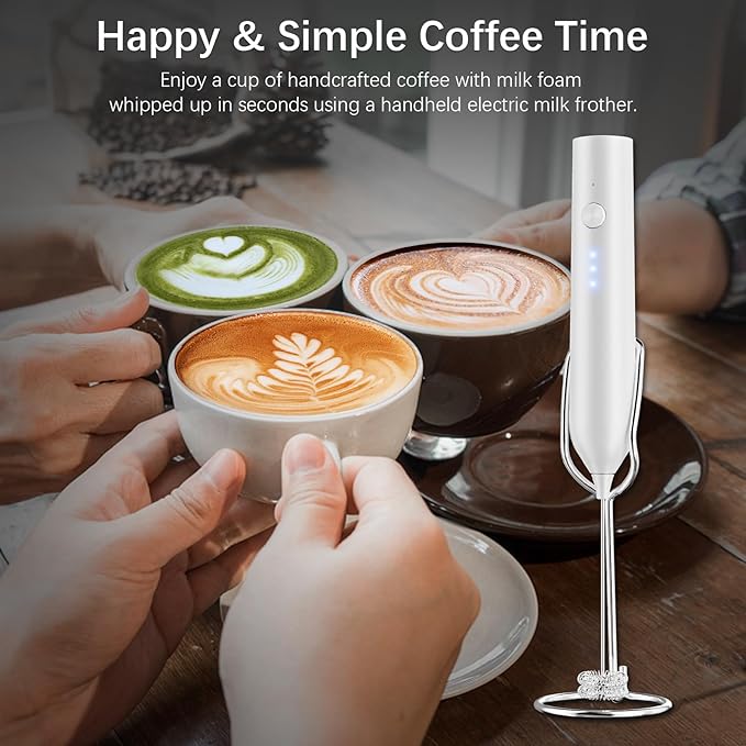 Rechargeable Milk Frother with Stand, Electric Frother Wand Handheld Coffee Foam Maker Detachable Stainless Steel Whisk Drink Mixer Foamer for Latte, Cappuccino, Hot Chocolate, Egg (White)