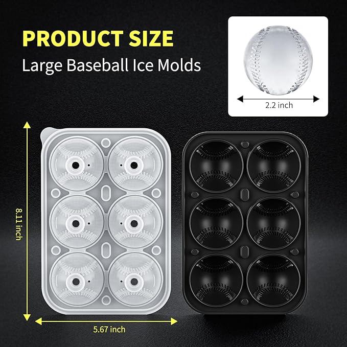 6 Chamber 2.2" 3D Baseball Gifts Ice Cube Tray With Funnel,Large Round Ice Ball Maker Mold Silicone Fun Shapes Bourbon Sphere Ice Molds,For Chilling Whiskey,Cocktails,Bourbon,Brandy and Beverages
