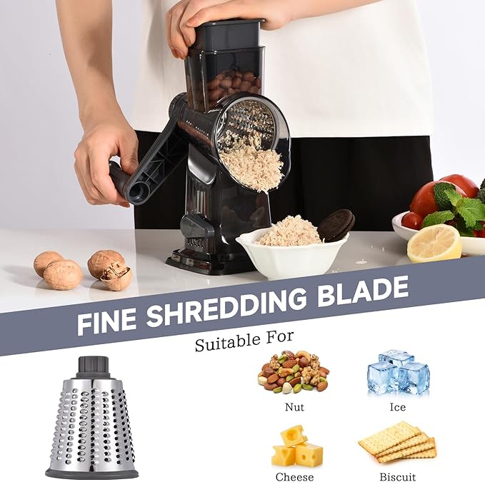 Rotary Cheese Grater with Handle Kitchen Shredder Slicer Grater Slicer Ice Shaver Cheese Vegetable Nuts Potato Zucchini Chocolate 3 Interchangeable Blades (Dark Grey TSP)