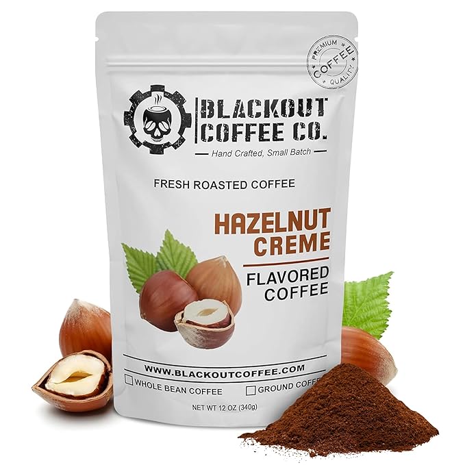 Blackout Coffee Hazelnut Creme Flavored Ground Coffee – Medium Roast, Smooth Taste, Guilt-Free Indulgence – Freshly Roasted 12oz Bag, American Made