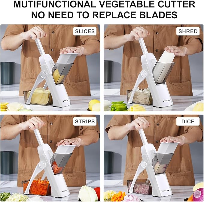 Safe Mandoline Slicer for Kitchen, Meal Prep, Potato Slicer, Adjustable/Easy to Clean/Storage, Kitchen Chopping Artifact, French Fry Cutter, Paring Knife/Cleaning Brush (only Slice, White)